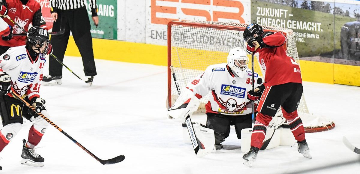 Anthony Gagnon (EV Dingolfing) bringt den Puck nicht an Dominic Guran (ESV Buchloe) vorbei, Eishockey Herren, Bayernliga, 7.Spieltag, Saison 2024 2025 am 03.11.2024 in der Marco Sturm Eishalle in Dingolfing, EV Dingolfing (rot) gegen ESV Buchloe (weiss) Foto: Hockeypics/ Eva Fuchs